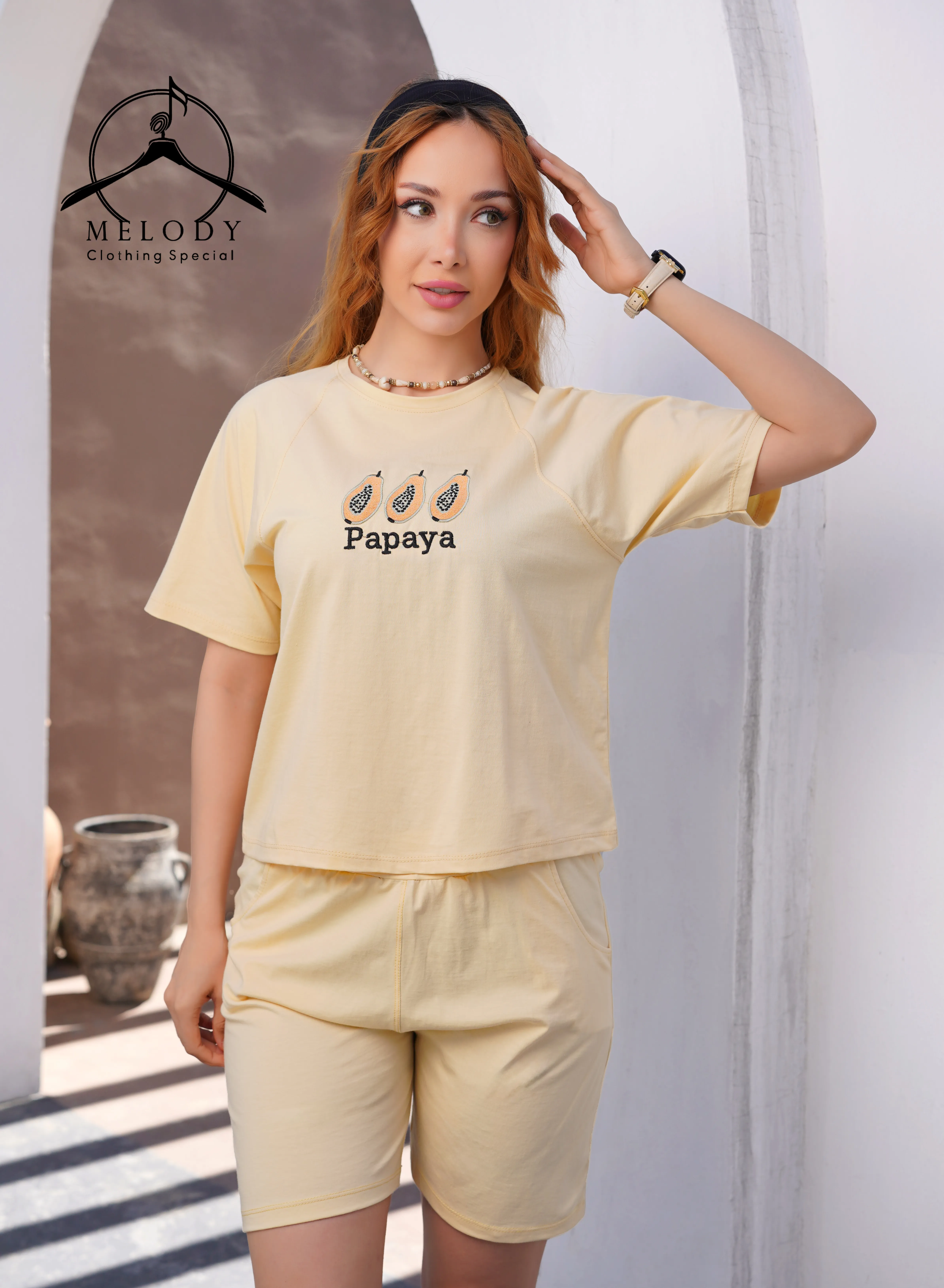 ست تیشرت باکسی و شلوارک گلدوزی