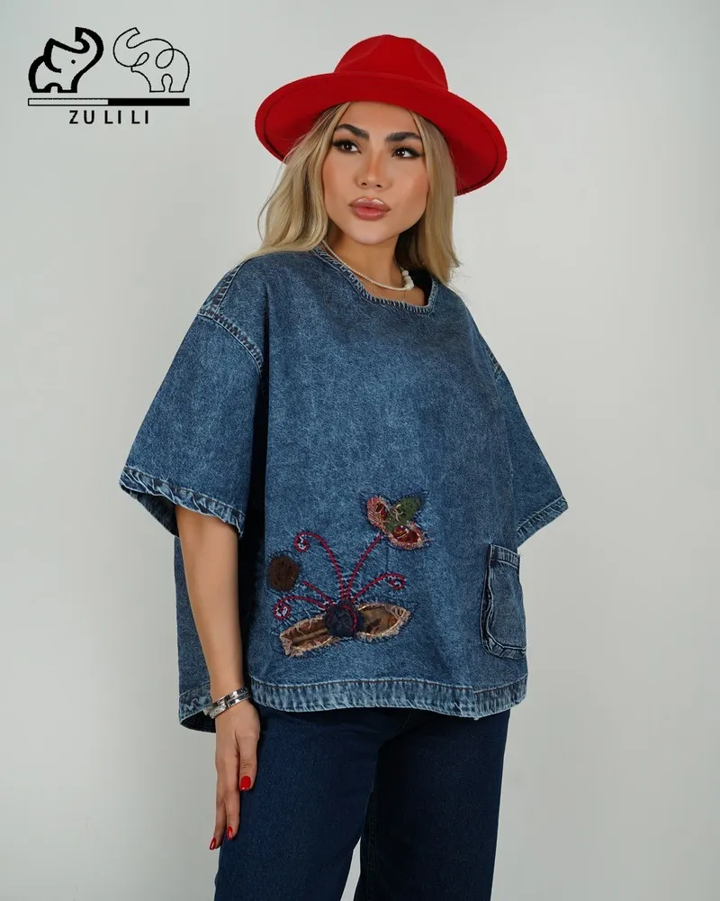 بلوز یقه گرد گلدوزی